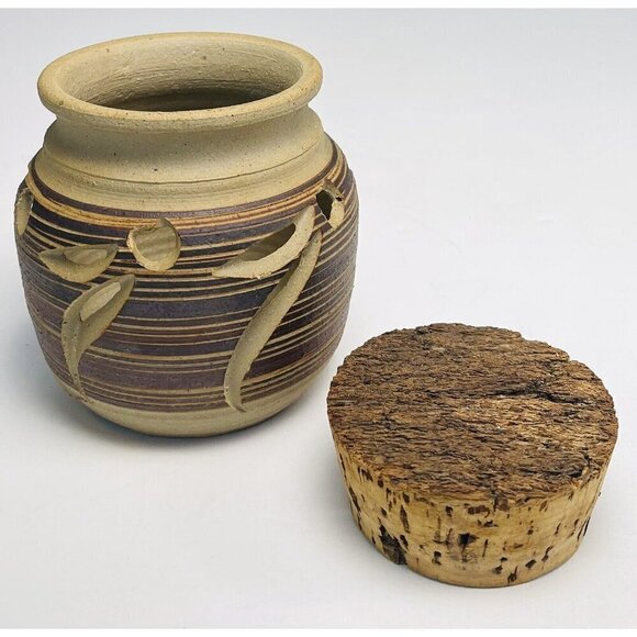 VTG Handmade 4.75" Brown Leaf Stripe Design Studio Pottery CANDLE LANTERN EUC - Picture 2 of 6